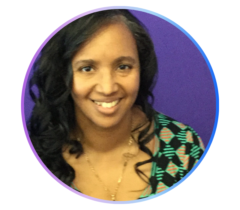 A woman with long dark hair smiles at the camera, wearing a patterned top and necklace. The background is purple, and the image has a circular frame with a gradient border, perfectly capturing the essence of our "About Us" page.