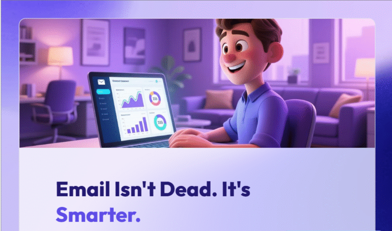 Animated man smiling at a laptop displaying colorful graphs in a modern office with the text, "Email Isn't Dead. It's Smarter Email.