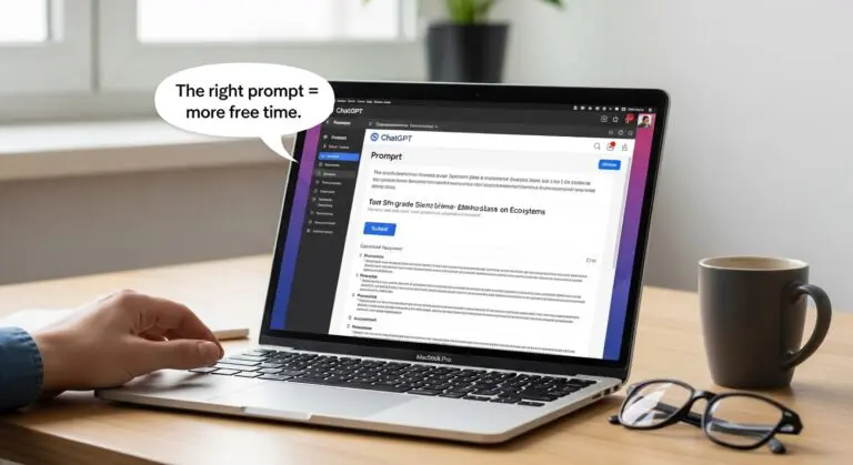 A person uses a laptop displaying a ChatGPT prompt guide for AI education, with a speech bubble saying, "The right prompt = more free time.