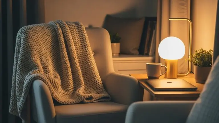 A cozy armchair with a knitted blanket beside a small table holding a lamp, a potted plant, a cup, and a closed laptop in a softly lit room—an inviting retreat from stress and the demands of hustle culture.