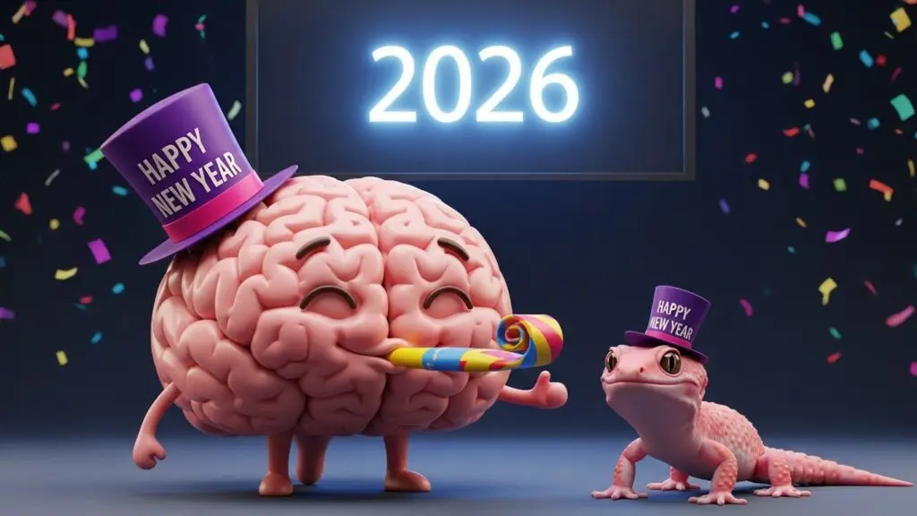 A cartoon Brain and lizard wearing "Happy New Year" hats celebrate under confetti, with "2026" illuminated above them.