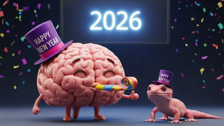 A cartoon Brain and lizard wearing "Happy New Year" hats celebrate under confetti, with "2026" illuminated above them.