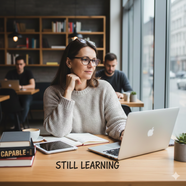 A capable woman sits at a table with a laptop, notebook, and coffee, looking thoughtful. Books and people are in the background. Text reads “STILL LEARNING.”.